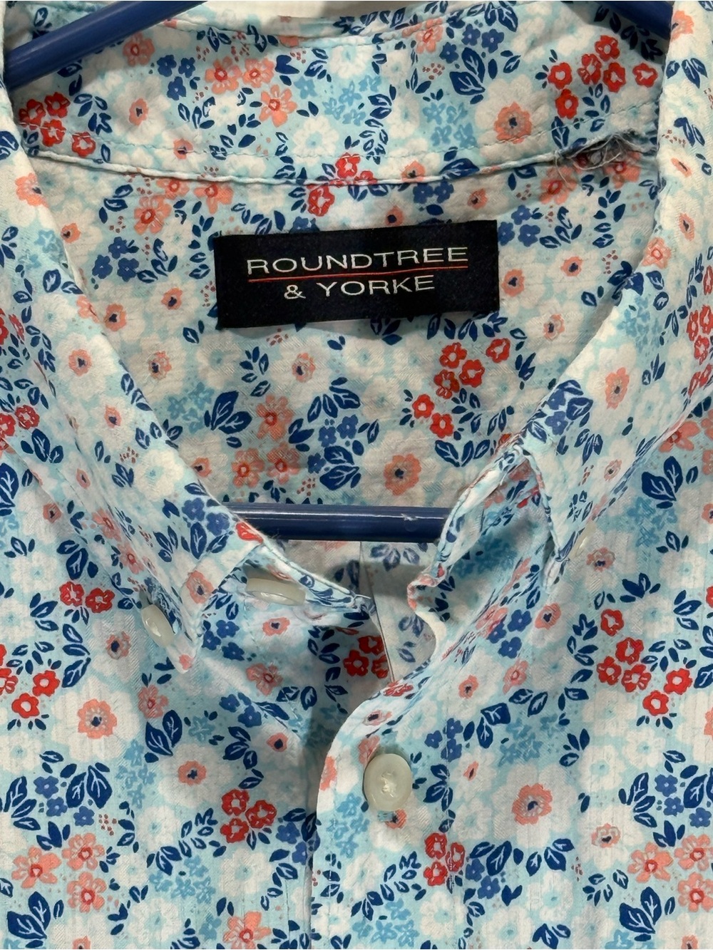 Roundtree & Yorke Light Blue Button-Down with Red & Navy Floral Print